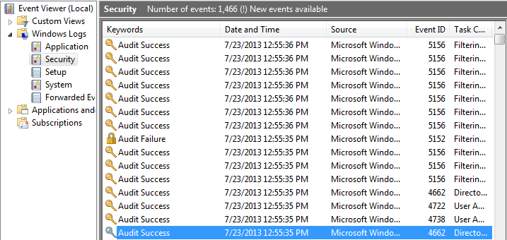 Figure 1: Event Viewer captured more than 1400 events for three actions