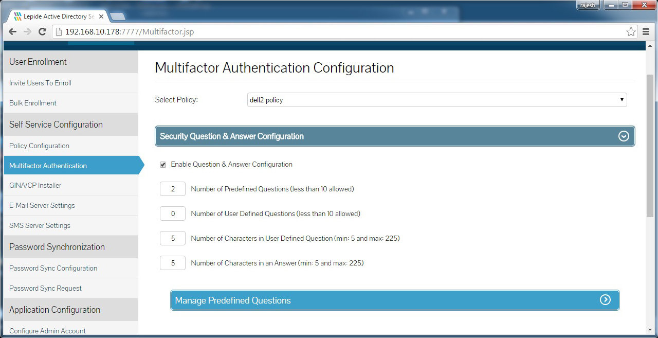 Multifactor authentication configuration in the form of Q&A