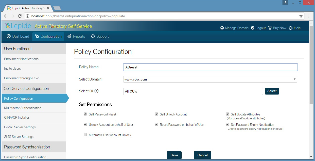 A policy configuration to set permissions for selected OUs enabling them to reset passwords, unlock accounts and update attributes