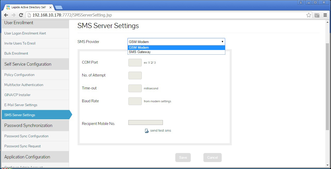 Defining the settings for the SMS Server