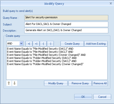 Figure 4: Generate query and set alert for critical file server events