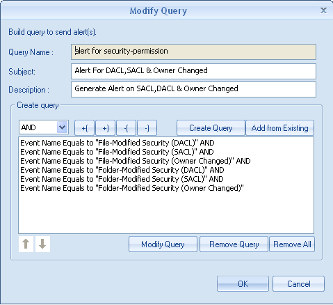 Generate query and set alert for critical file server events