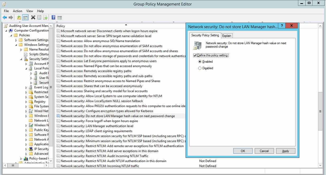 Configuring policy to not store LAN Manager hash value policy