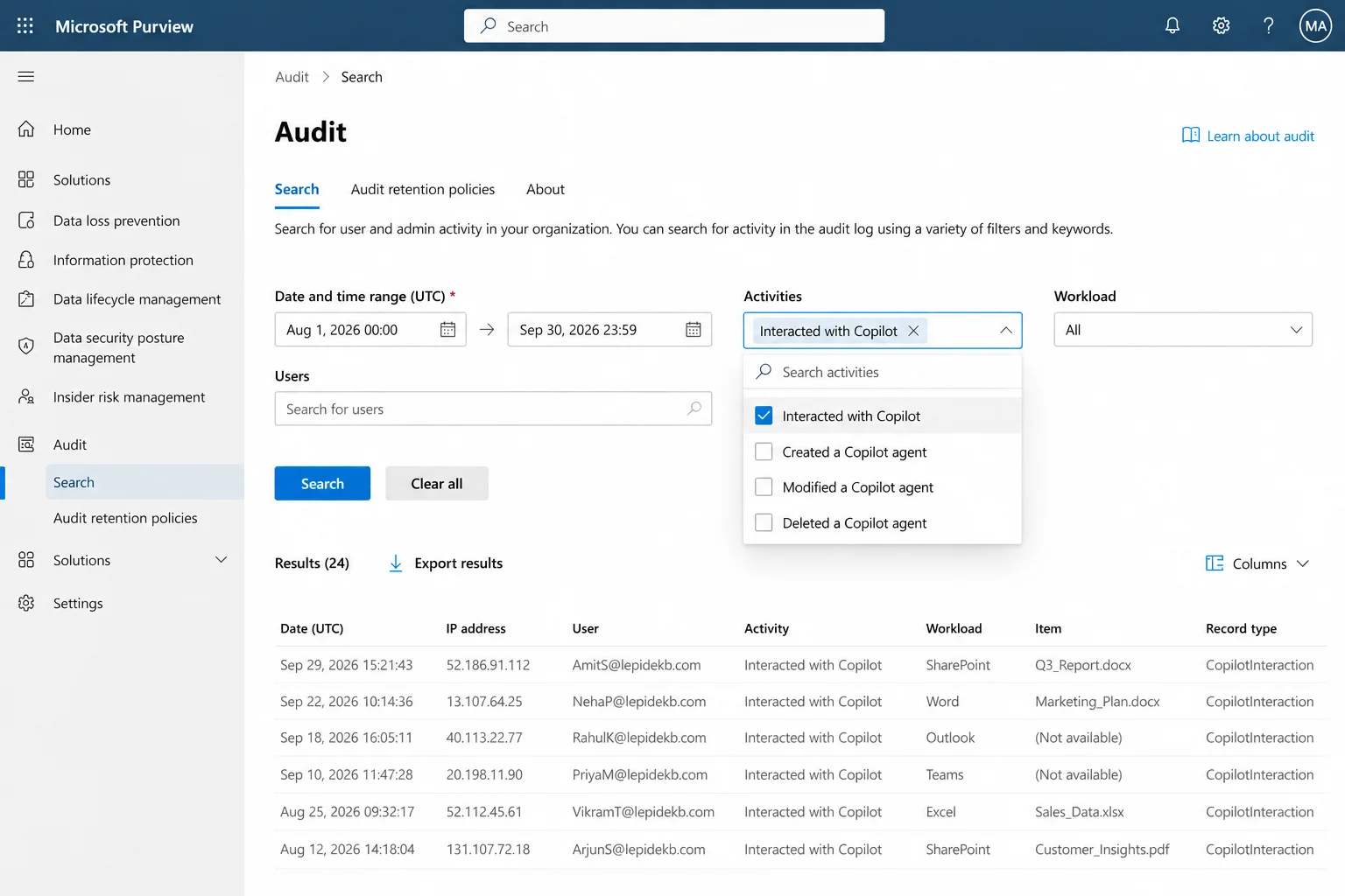 Microsoft Purview Audit search showing Interacted with Copilot activity filter selected