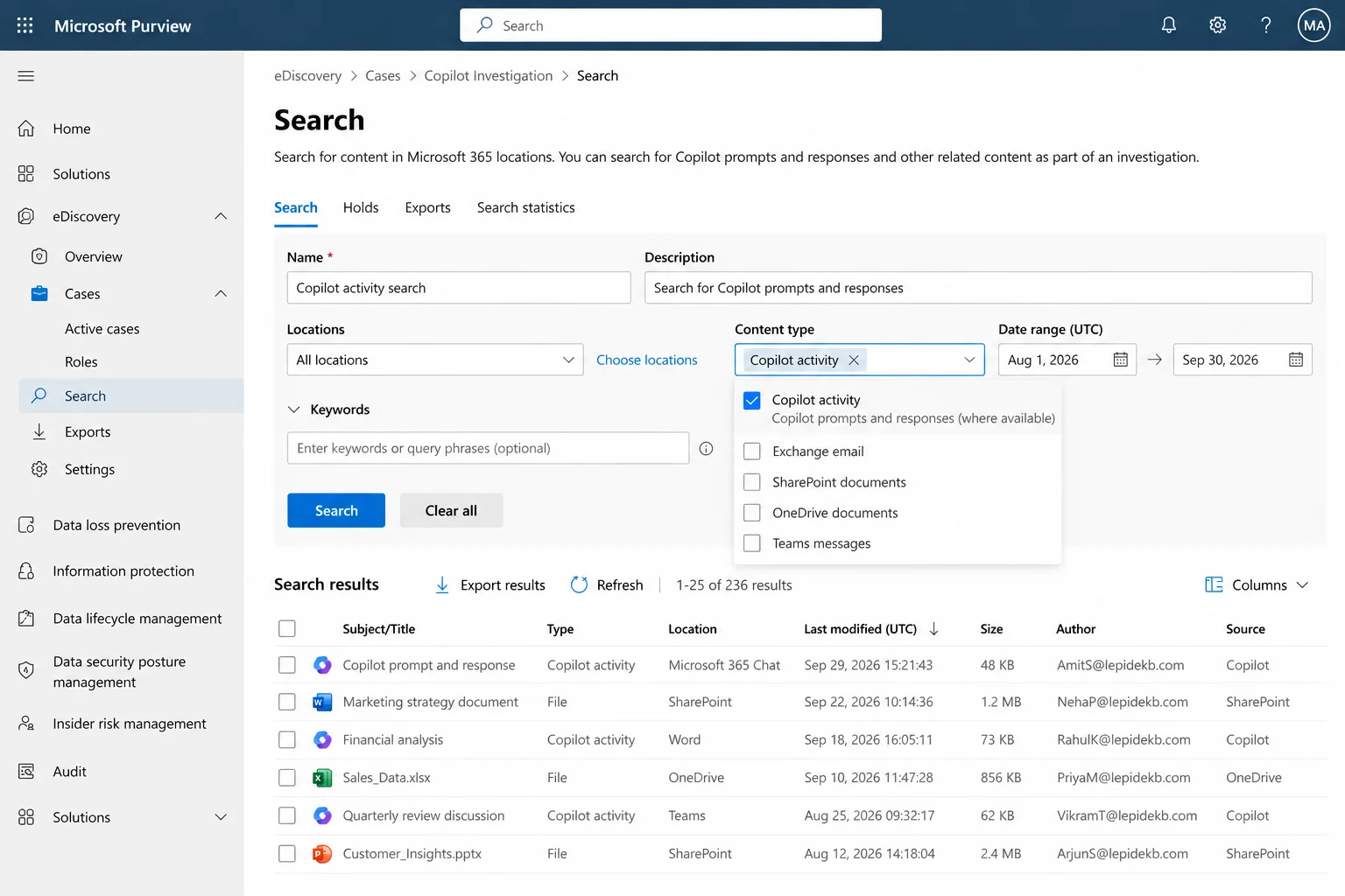 Microsoft Purview eDiscovery search showing Copilot activity filter for investigating prompts and responses