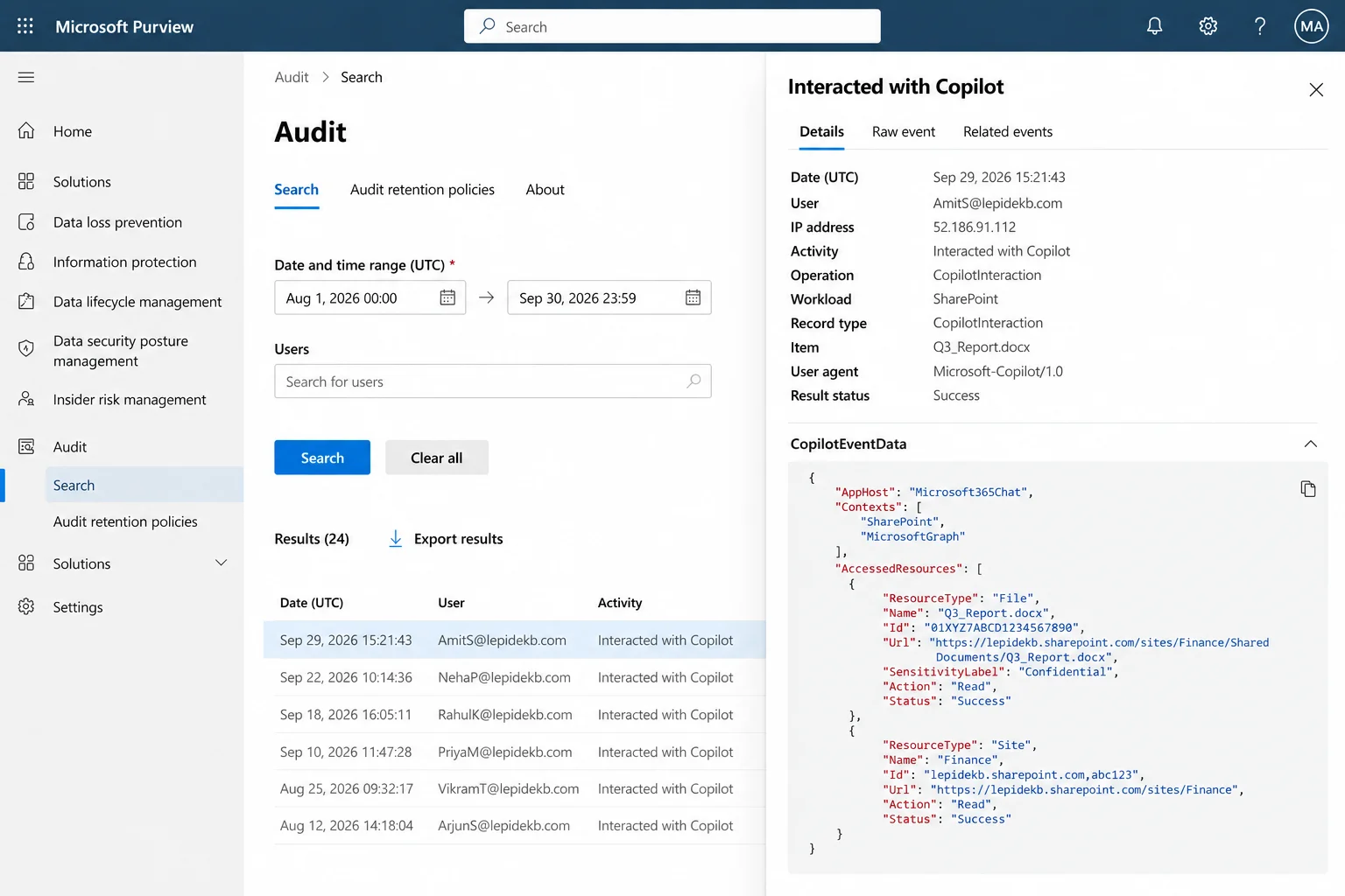 Microsoft Copilot audit event showing CopilotEventData and AccessedResources details