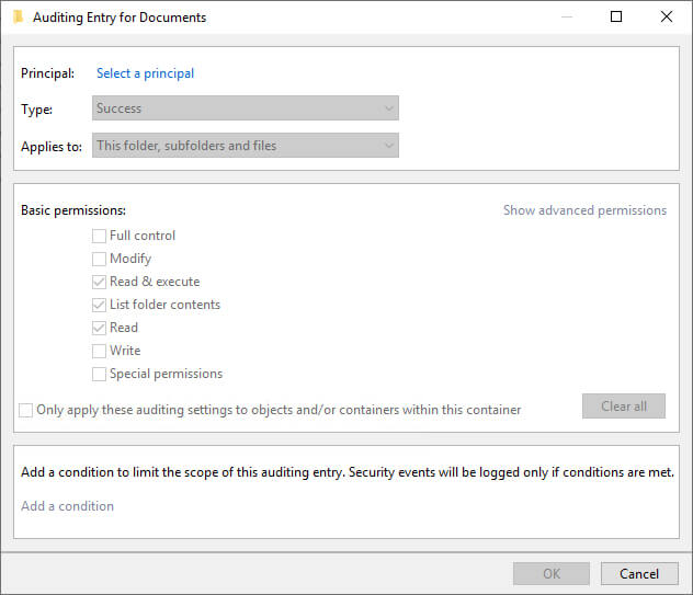 Auditing Entry for Documents dialog box