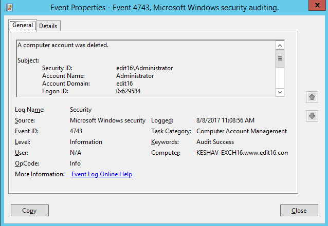Event properties – Computer Account deletion