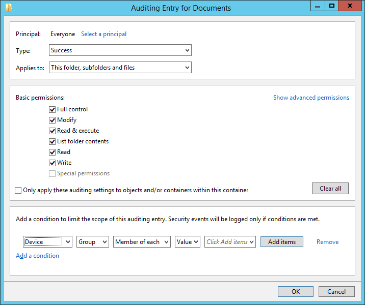 Auditing Entry for Documents settings