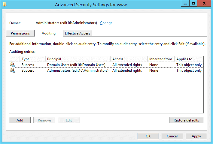 Advanced Security Settings Window