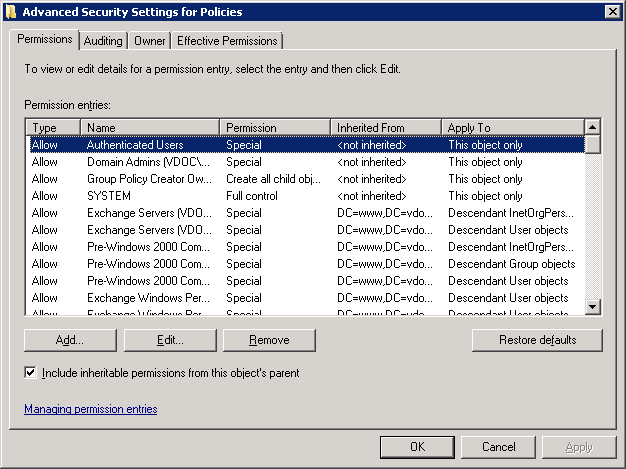 Advanced Security Settings for Policies