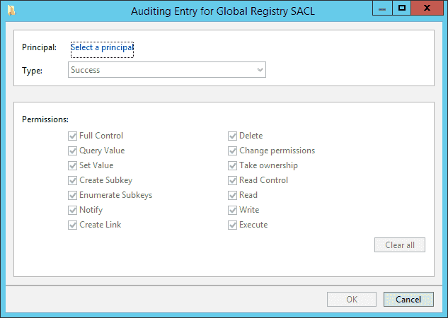 Auditing Entry for Global Registry SACL window