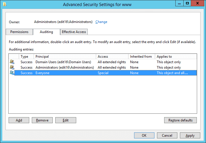 Advanced Security Settings Window after adding Everyone
