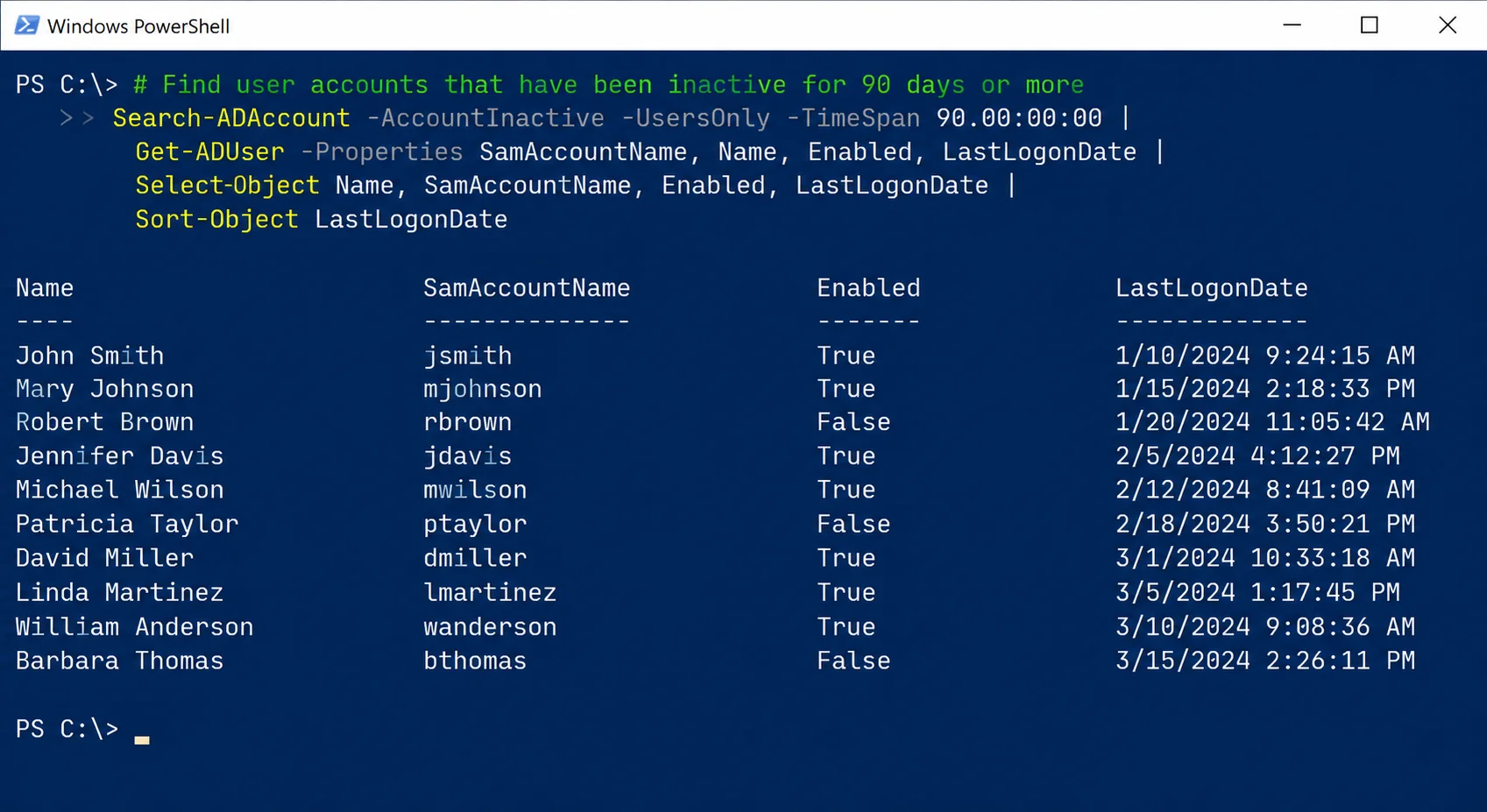 PowerShell showing the inactive user accounts