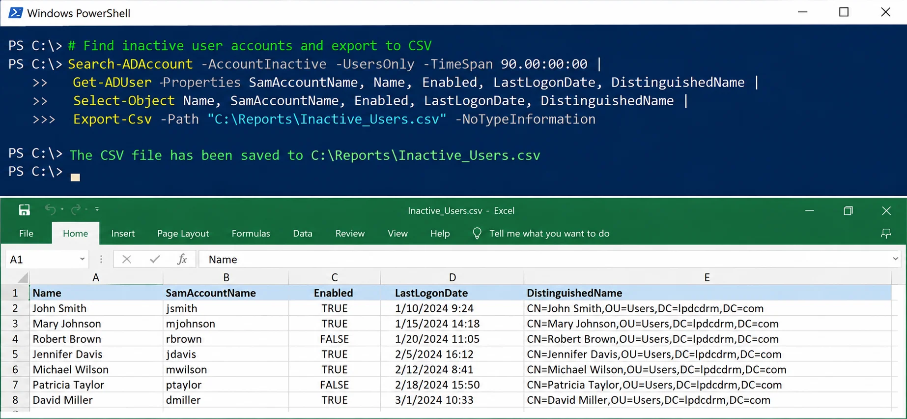 Exported CSV opened in Excel showing account names, usernames, enabled status, and last logon dates.