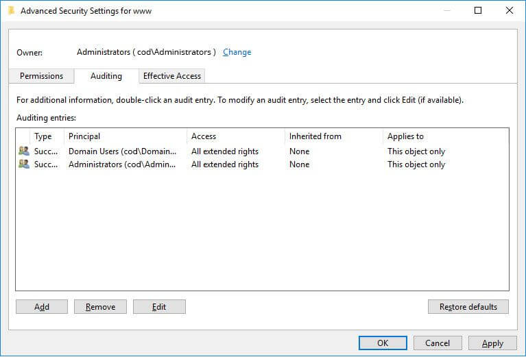 advanced security settings in ADSI Edit