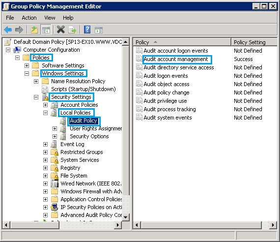 Settings for Audit Account Management Policy