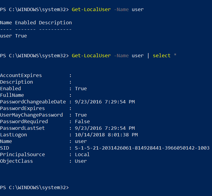 Get-LocalUser PowerShell cmdlet