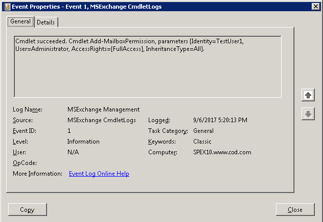 mailbox permission change log in Event Viewer