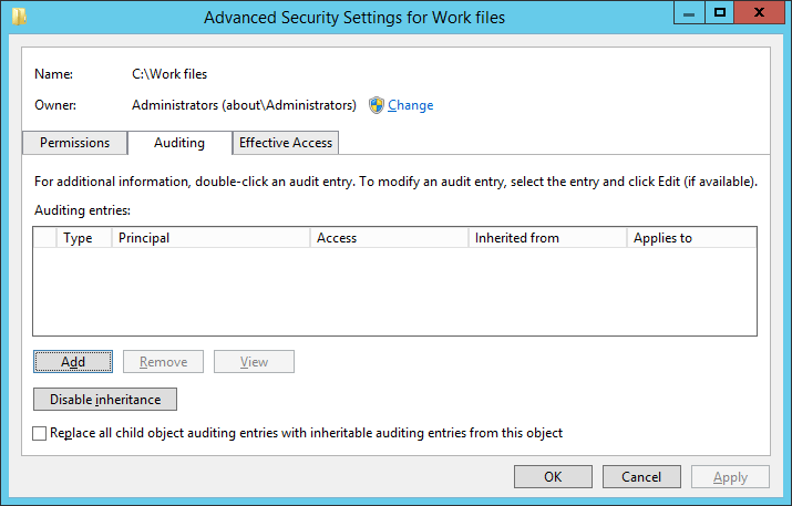 Advanced security settings window