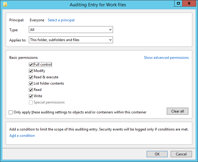 Auditing entry window of the folder