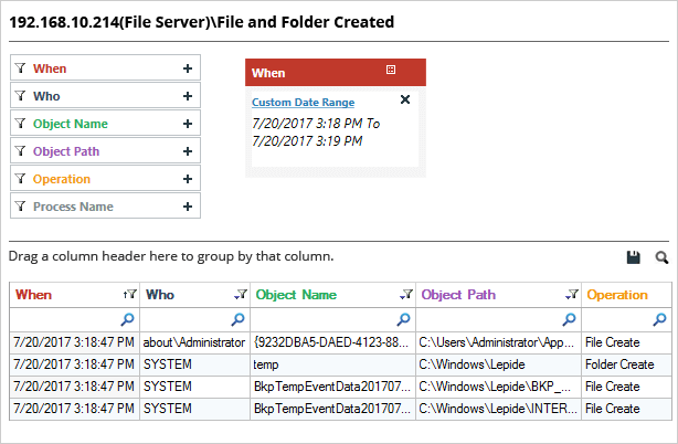 File creation report - screenshot