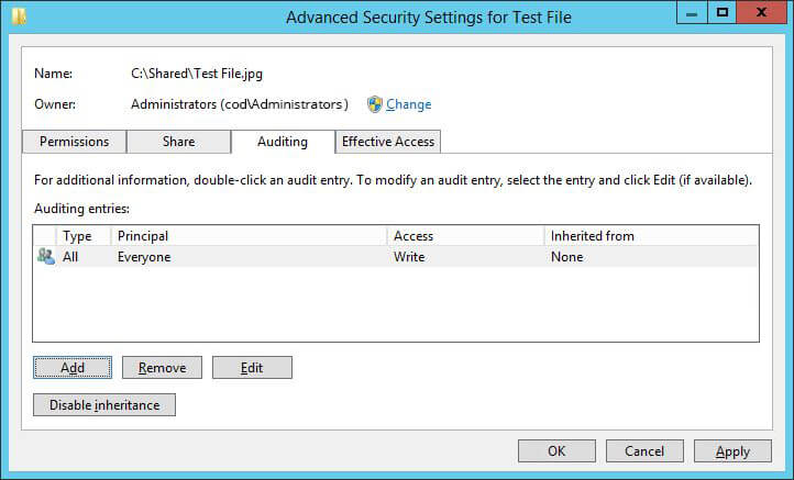 Auditing entry Advanced Security settings window