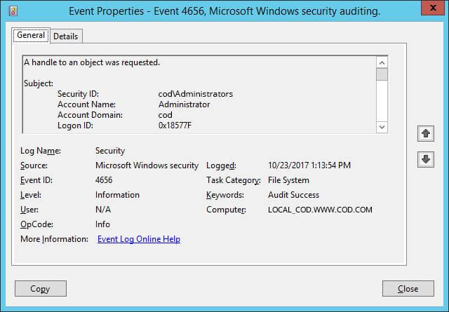 Event ID 4656 with event details