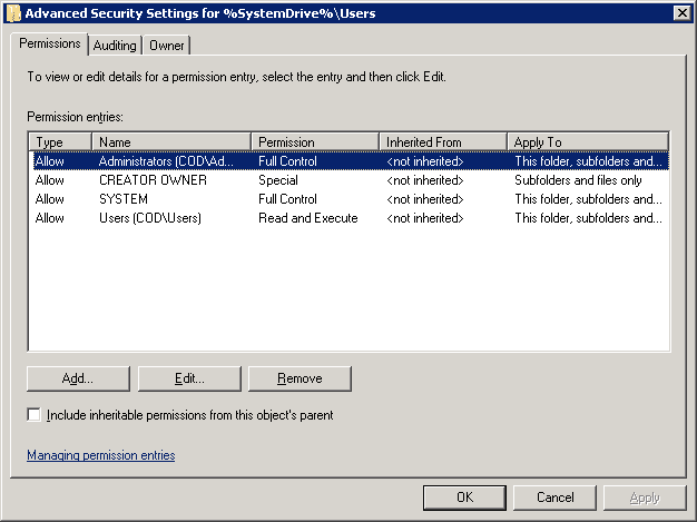 Advanced security settings window