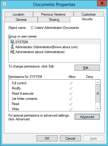 Security Tab of Folder Properties