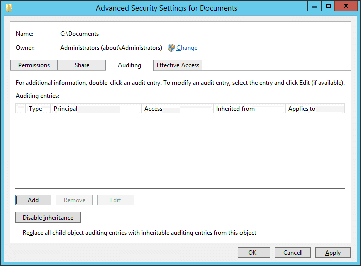 Auditing tab in Advanced Security Settings