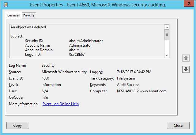 An object delete event is logged