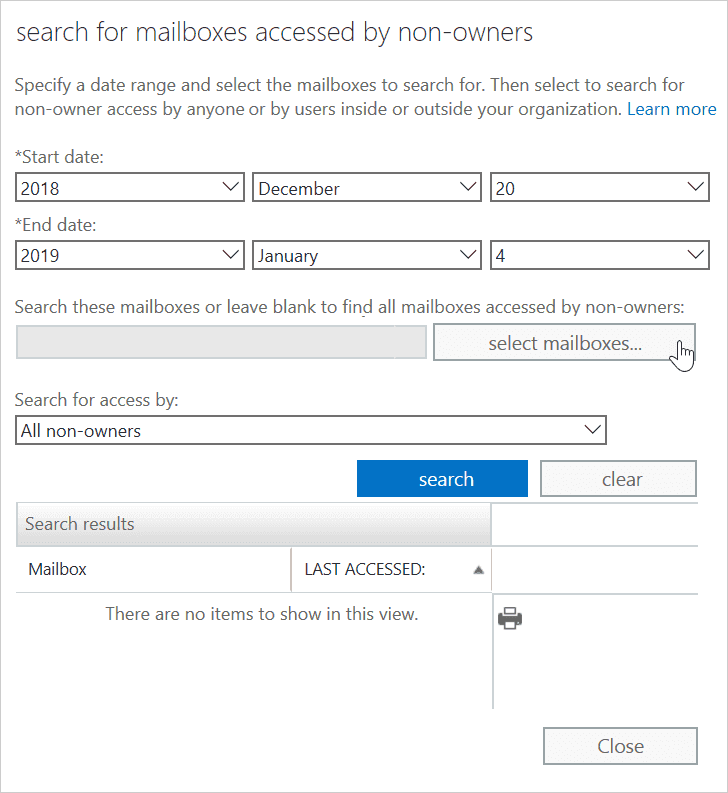 search for mailboxes accessed by non-owners