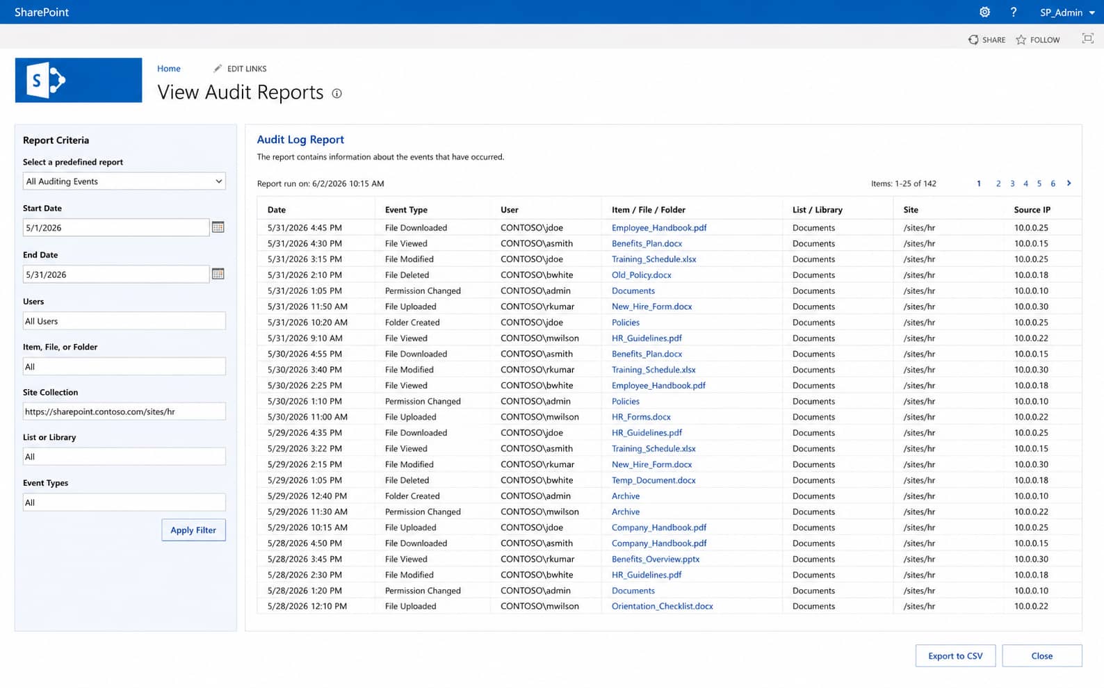 SharePoint Server native audit report