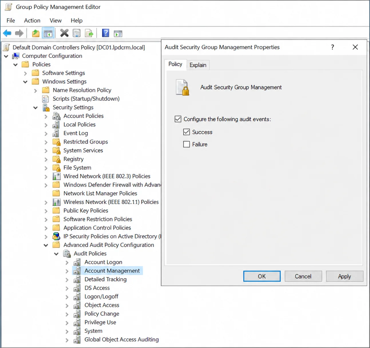 Audit Security Group Management Properties in Group Policy showing Success auditing enabled