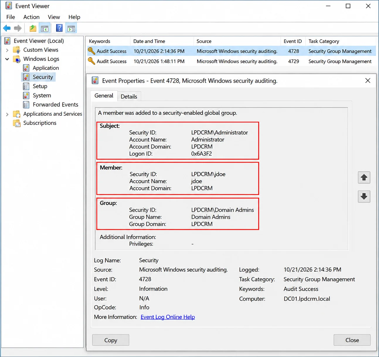 Event ID 4728 in Windows Event Viewer showing administrator, added member, and Domain Admins group details