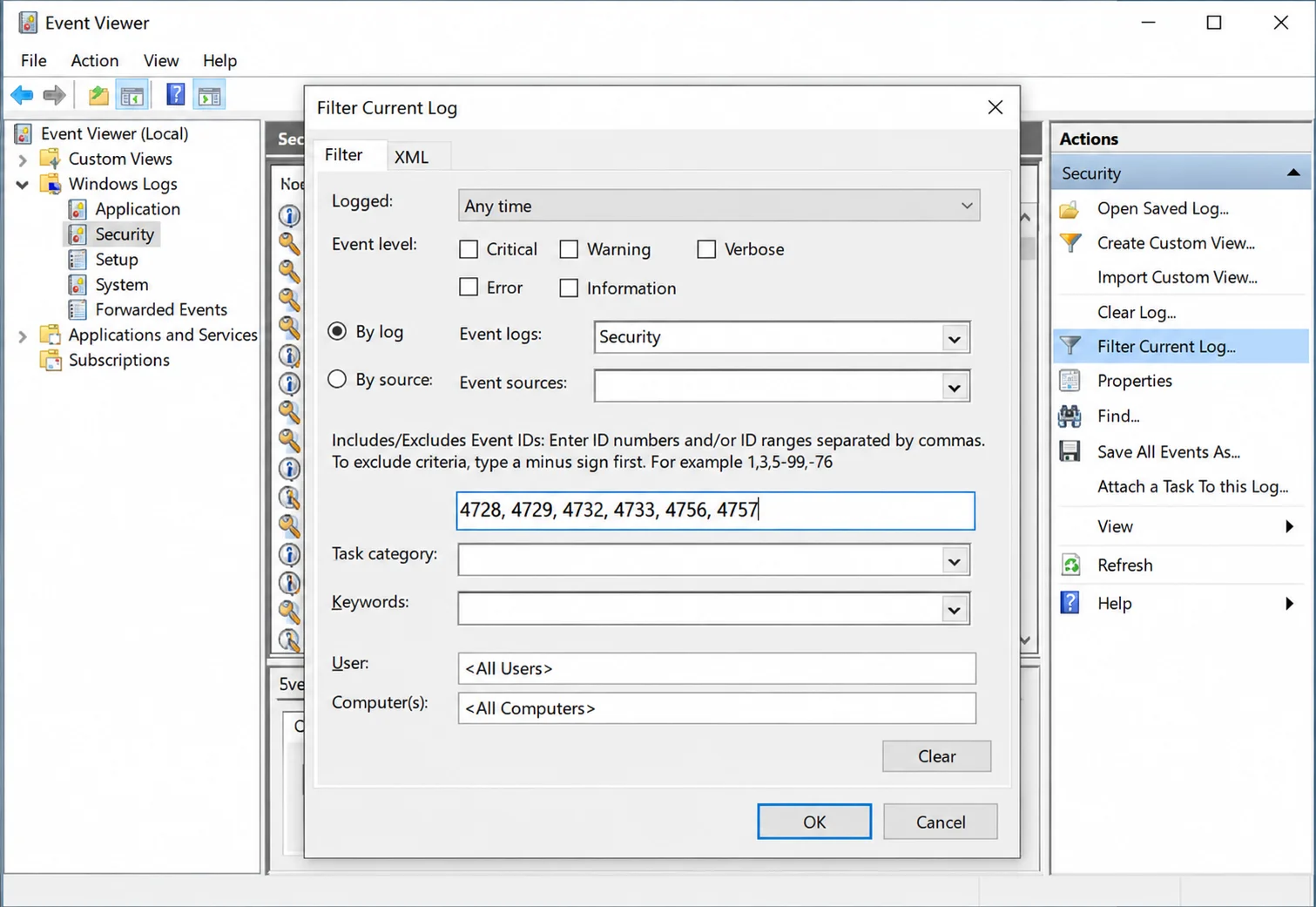 Windows Event Viewer Filter Current Log dialog showing event IDs for Active Directory group membership changes