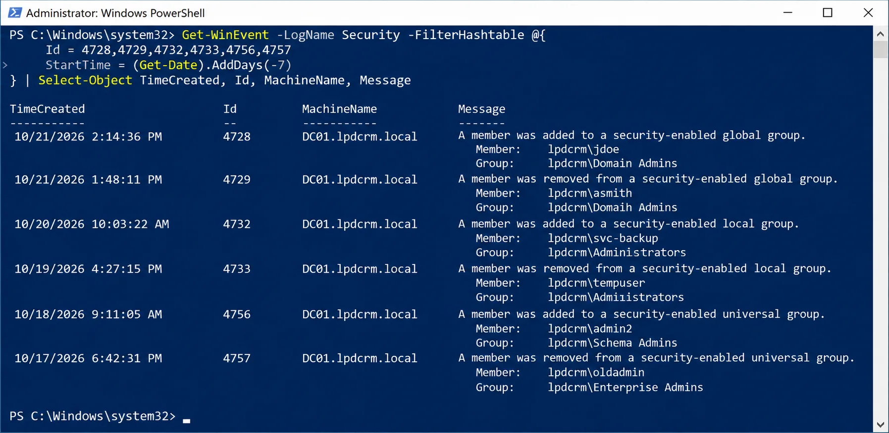 PowerShell output showing Active Directory security group membership additions and removals with event IDs and timestamps