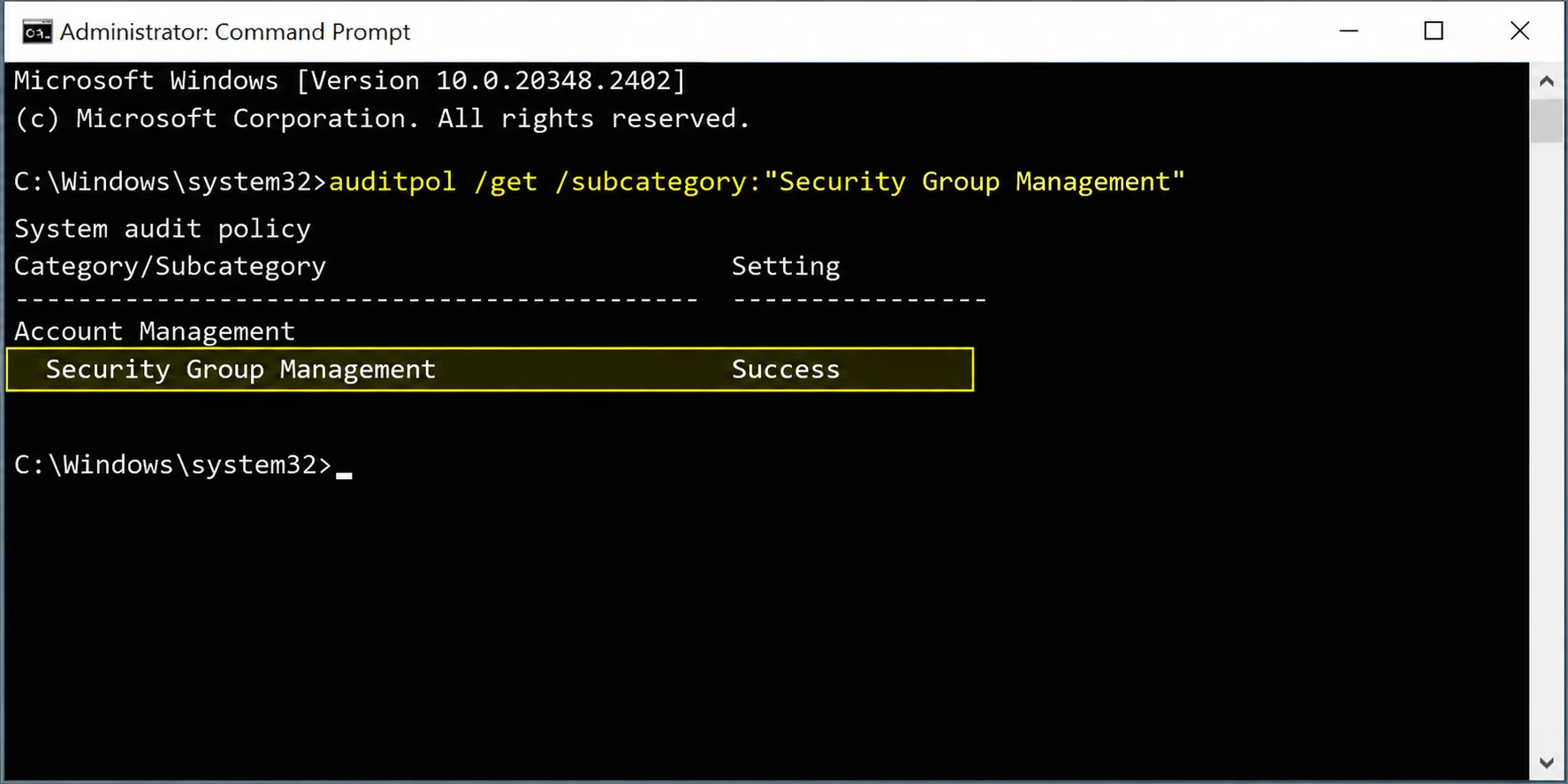 Command Prompt showing Security Group Management audit policy set to Success using auditpol