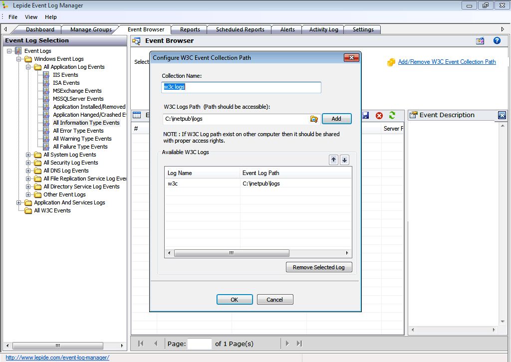 Viewing Windows and W3C events log of a machine through same interface