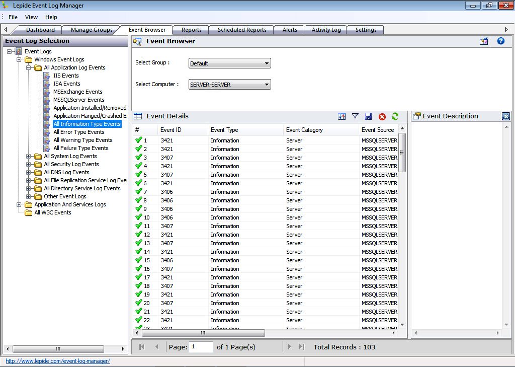 Browsing and viewing windows events