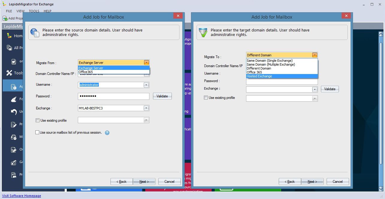 An example of migrating from an Exchange server to a hosted Exchange using LepideMigrator