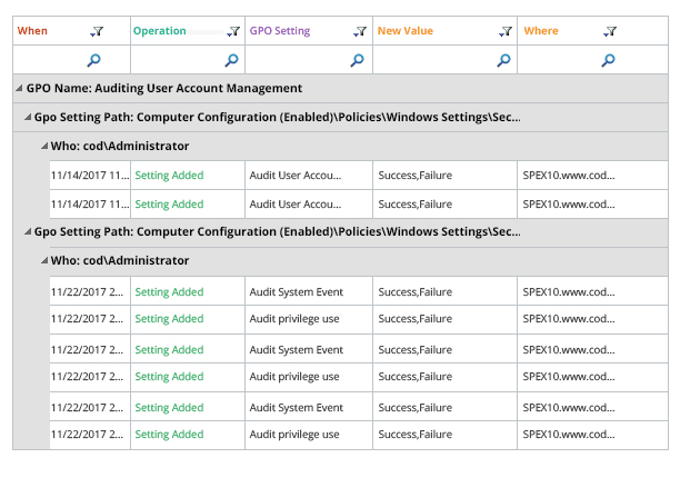 See Changes Made in Security Setting Policies - screenshot