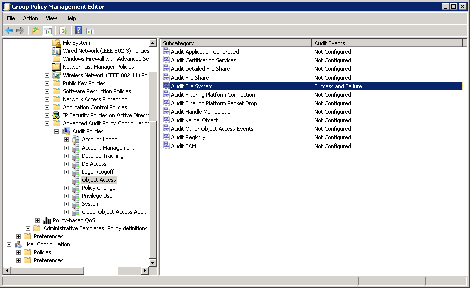 Configuring audit file system audit
