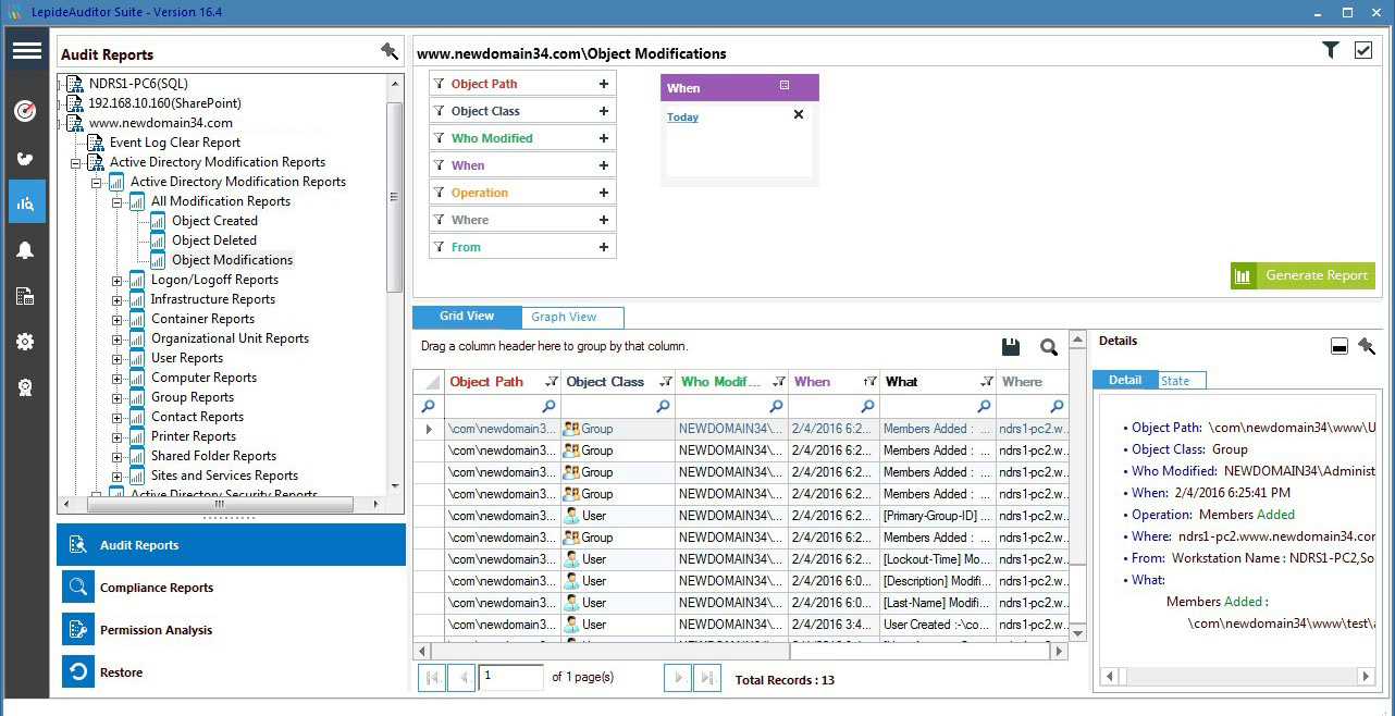 An Active Directory audit report displaying Object Modifications in granular detail
