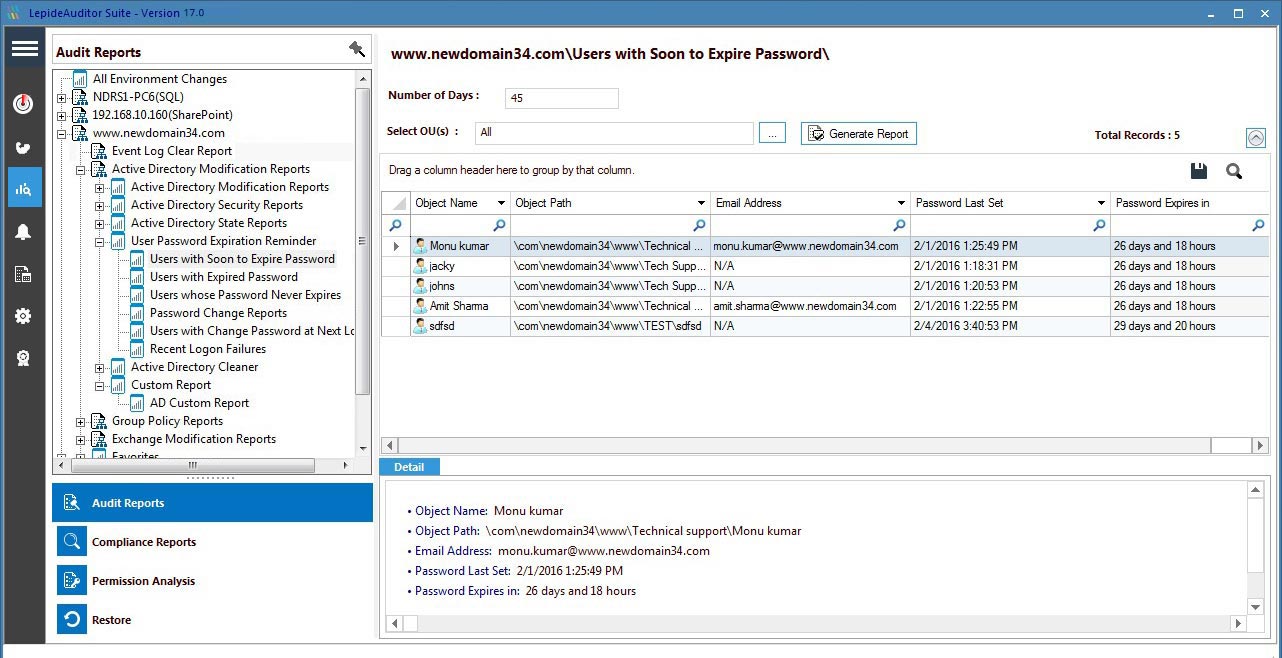 An audit report showing all users with passwords soon to expire with customisable fields