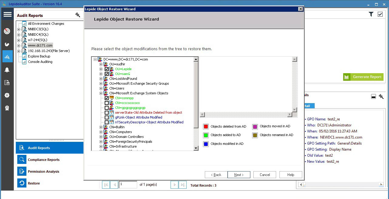 A screenshot of the Lepide Object Restore Wizard showing how to restore object modifications - including objects deleted/added/modified/moved/re-named in Active Directory