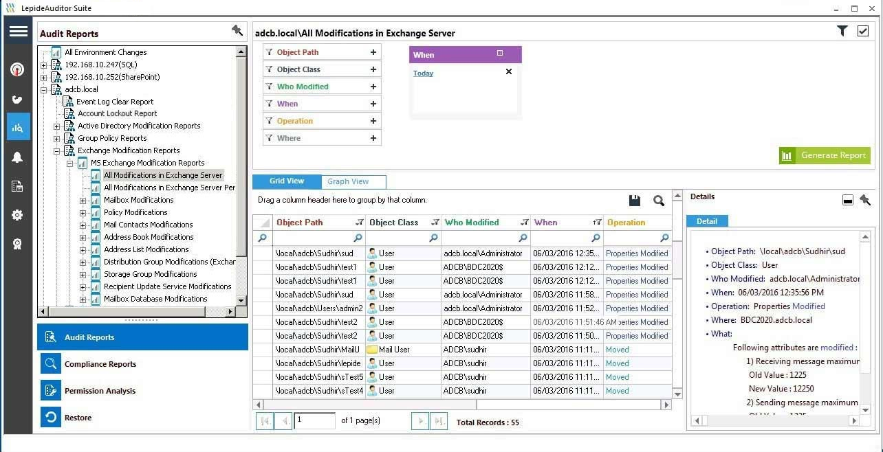 An Exchange Server audit report displaying all modifications over a given period of time