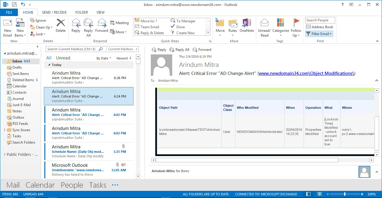 A real time Active Directory change alert generated by LepideAuditor displayed in the inbox of a user
