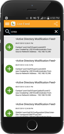 A screenshot of the Active Directory Modification Feed of our LepideAuditor App displayed on a hand-held device